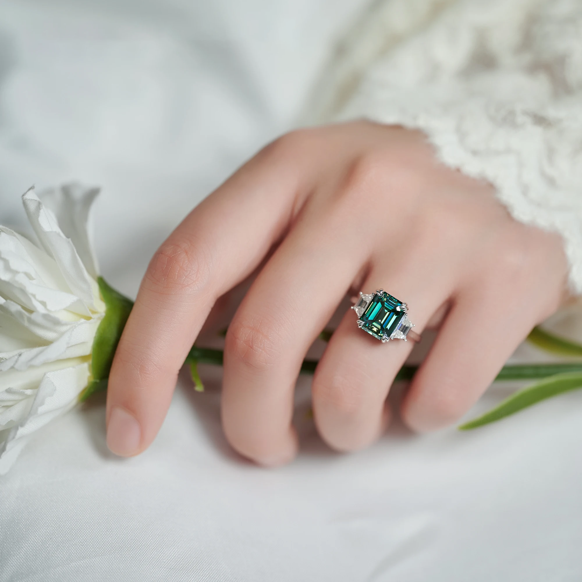 Luxury Emerald Cut Cyan Moissanite Engagement Ring in Sterling Silver
