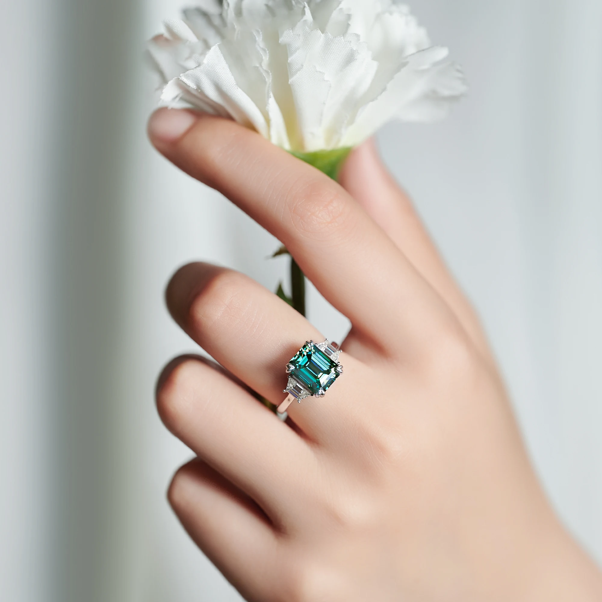 Luxury Emerald Cut Cyan Moissanite Engagement Ring in Sterling Silver