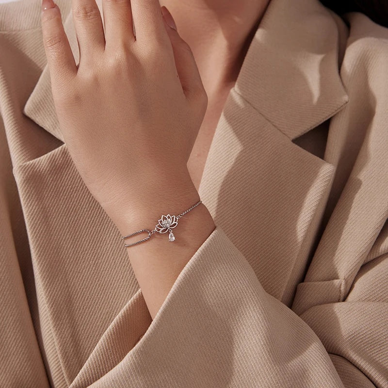 Sterling Silver Lotus Flower Adjustable Bracelet – Spiritual Yoga Jewelry