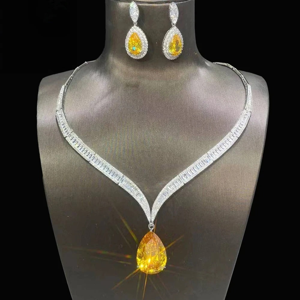Luxury Yellow and Silver Drop Pendant Necklace Set for Women – 2 Sets