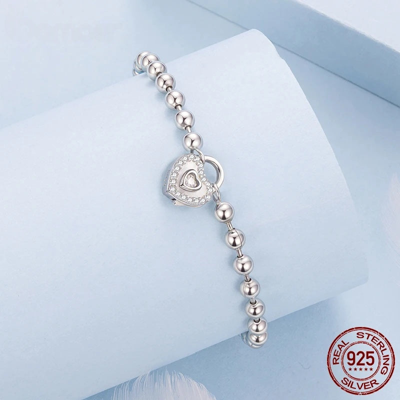 Sterling Silver Heart Charm Bead Link Bracelet for Women