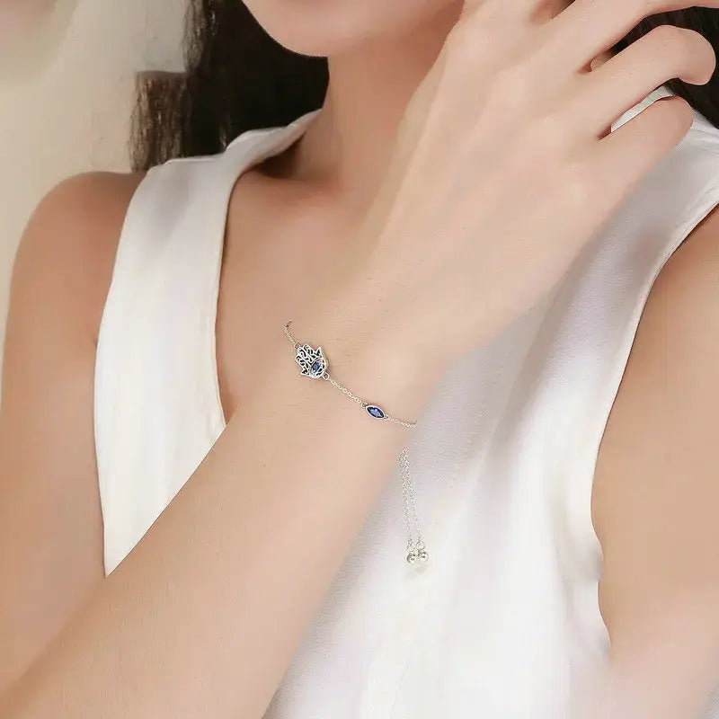 Blue Hamsa Hand 925 Sterling Silver Cubic Zirconia Adjustable Chain Bracelet
