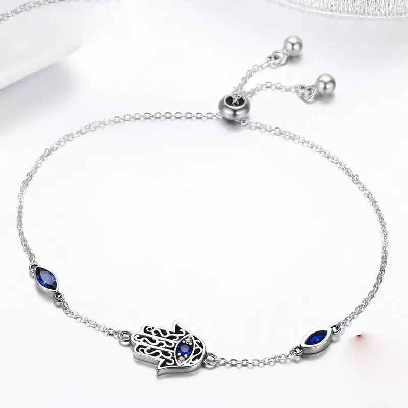 Blue Hamsa Hand 925 Sterling Silver Cubic Zirconia Adjustable Chain Bracelet