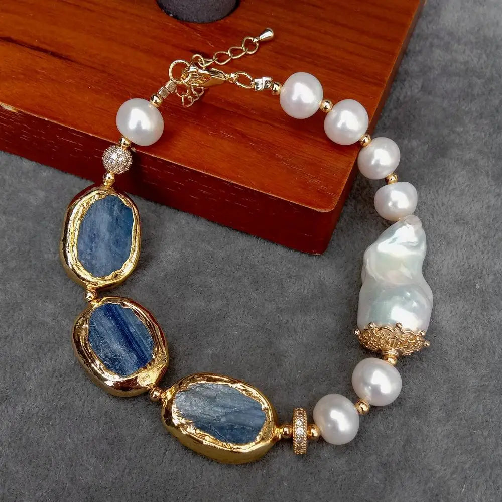 Blue Kyanite & Keshi Pearl Handmade Bracelet