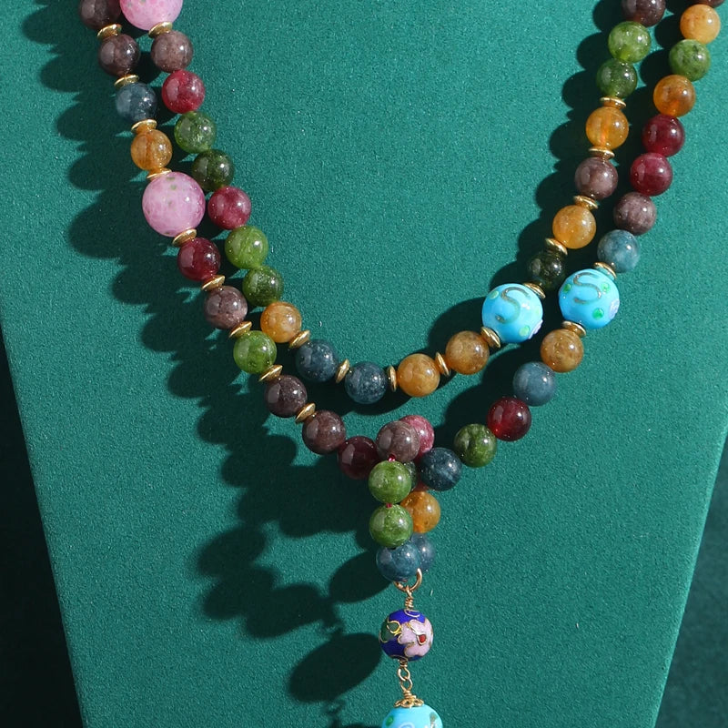 Boho Pink Beaded Layered Necklace with Natural Stone Pendant