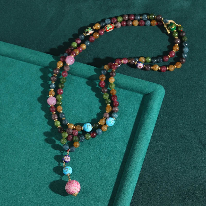 Boho Pink Beaded Layered Necklace with Natural Stone Pendant