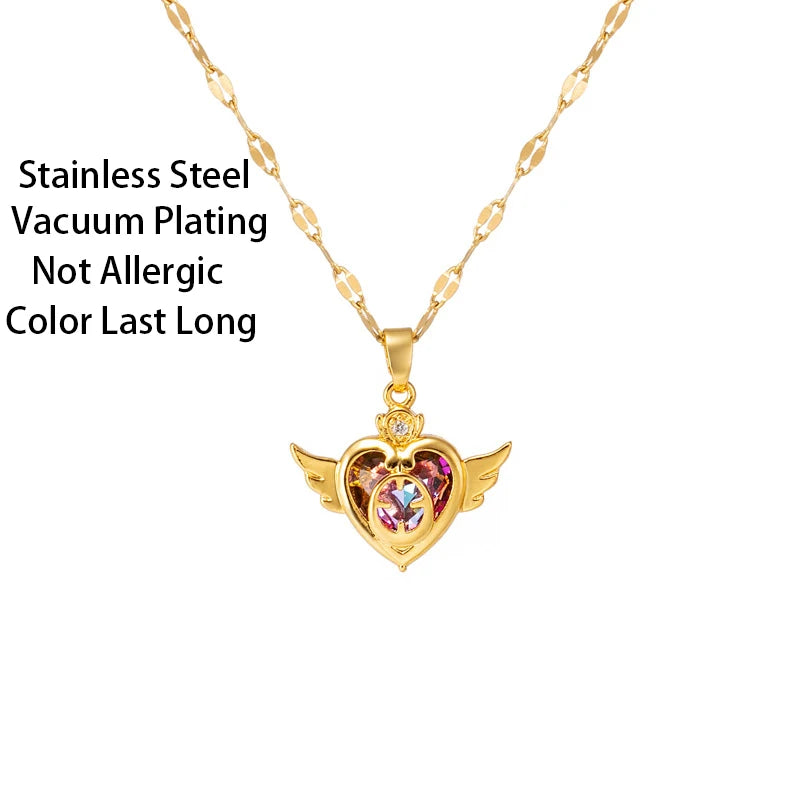 Colorful Crystal Angel Wings Love Heart Necklace for Women