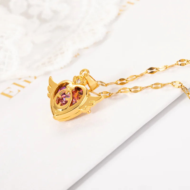 Colorful Crystal Angel Wings Love Heart Necklace for Women