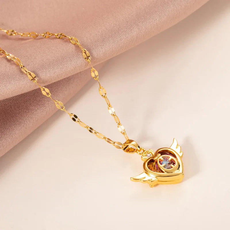 Colorful Crystal Angel Wings Love Heart Necklace for Women