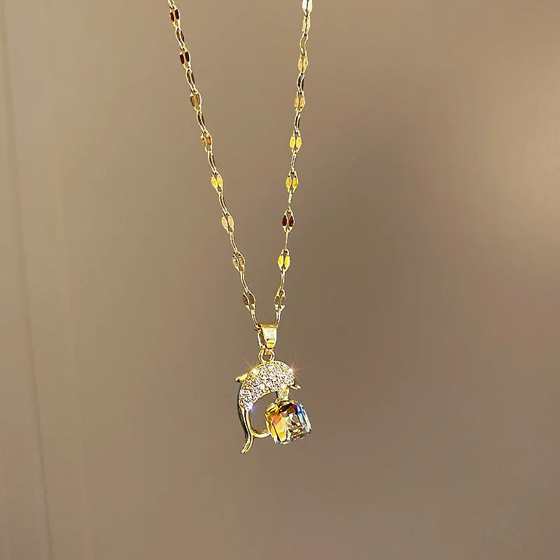 Colorful Crystal Dolphin Pendant Necklace for Women
