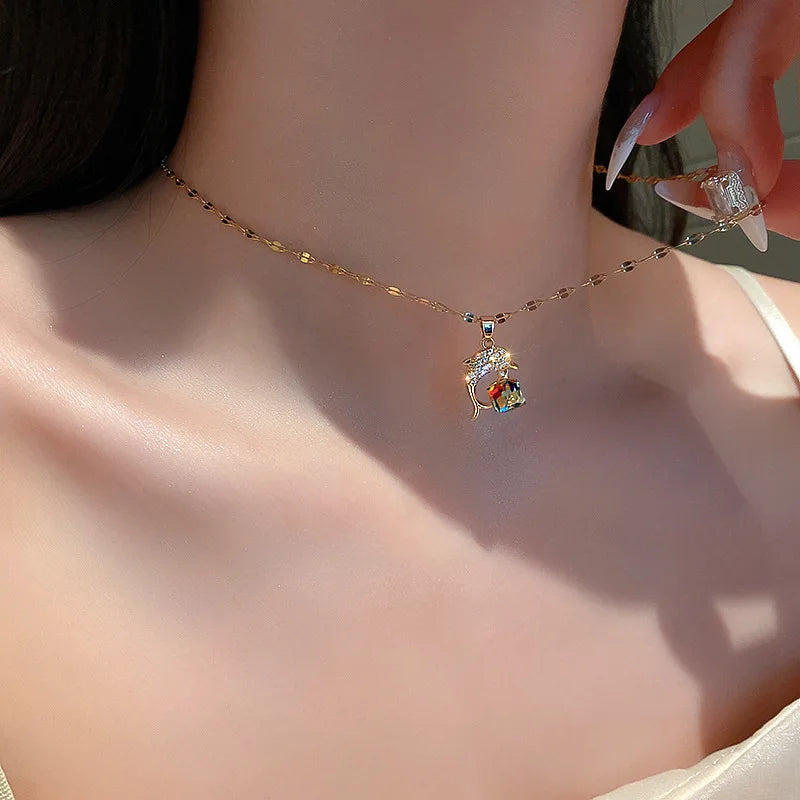 Colorful Crystal Dolphin Pendant Necklace for Women