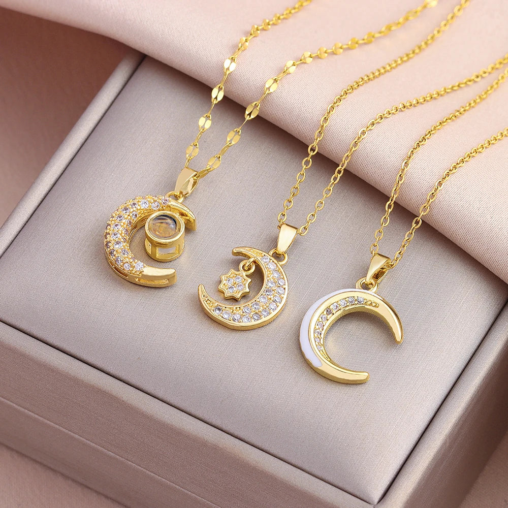 Cute Zircon Moon Pendant Necklace – Women’s Stainless Steel Jewelry