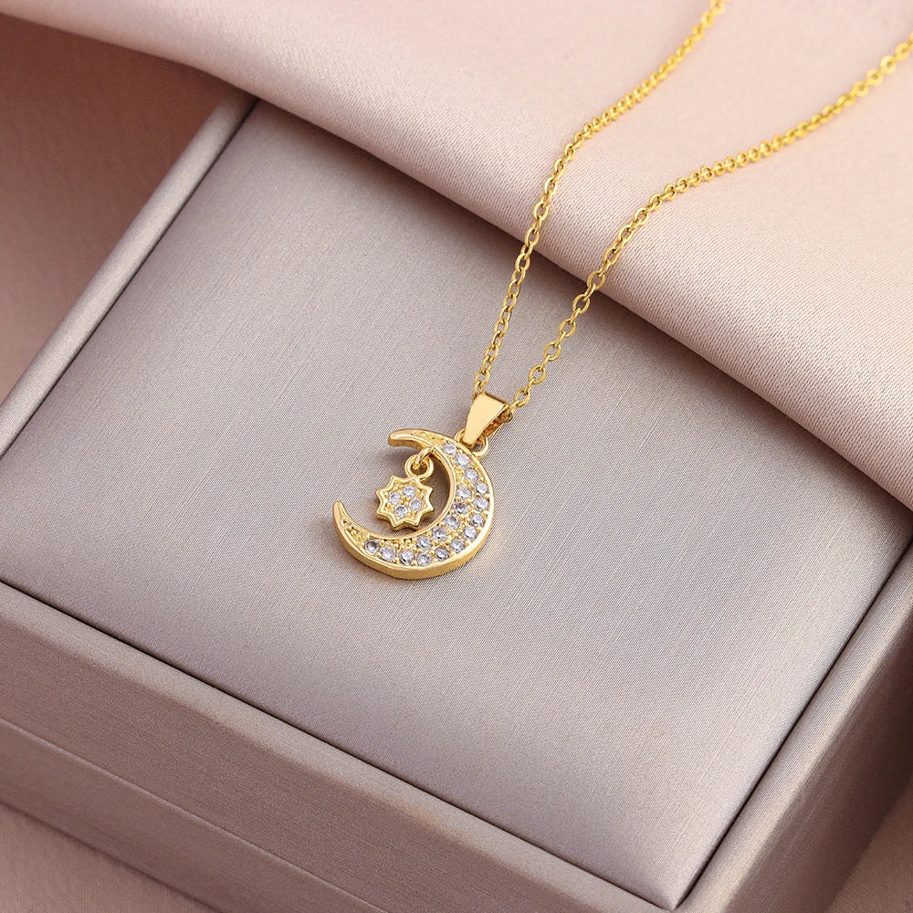 Cute Zircon Moon Pendant Necklace – Women’s Stainless Steel Jewelry