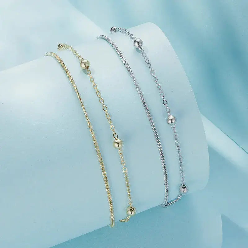 Double Layer Silver Bead Link Bracelet – 14K Gold Plated, Adjustable