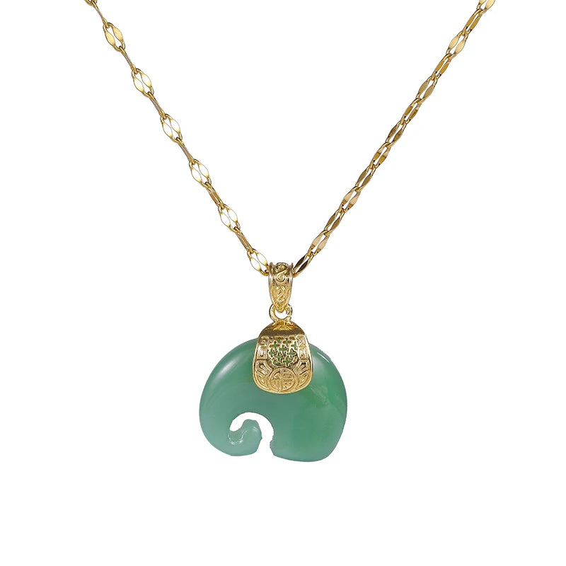Elegant Green Elephant Pendant Necklace – Vintage Stainless Steel Jewelry