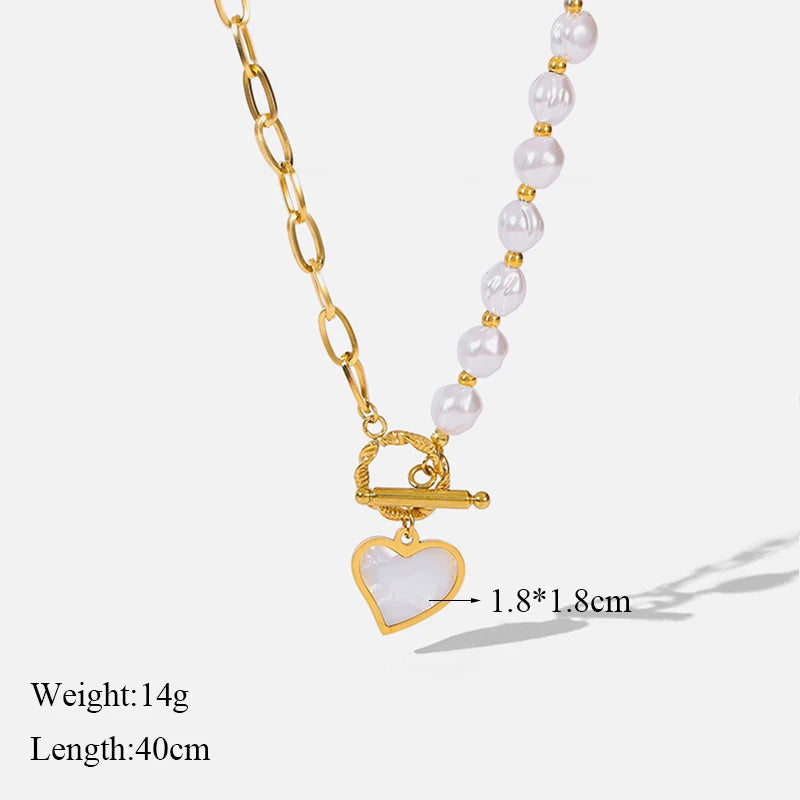 Elegant Stainless Steel Pearl Heart Pendant Chain Necklace for Women
