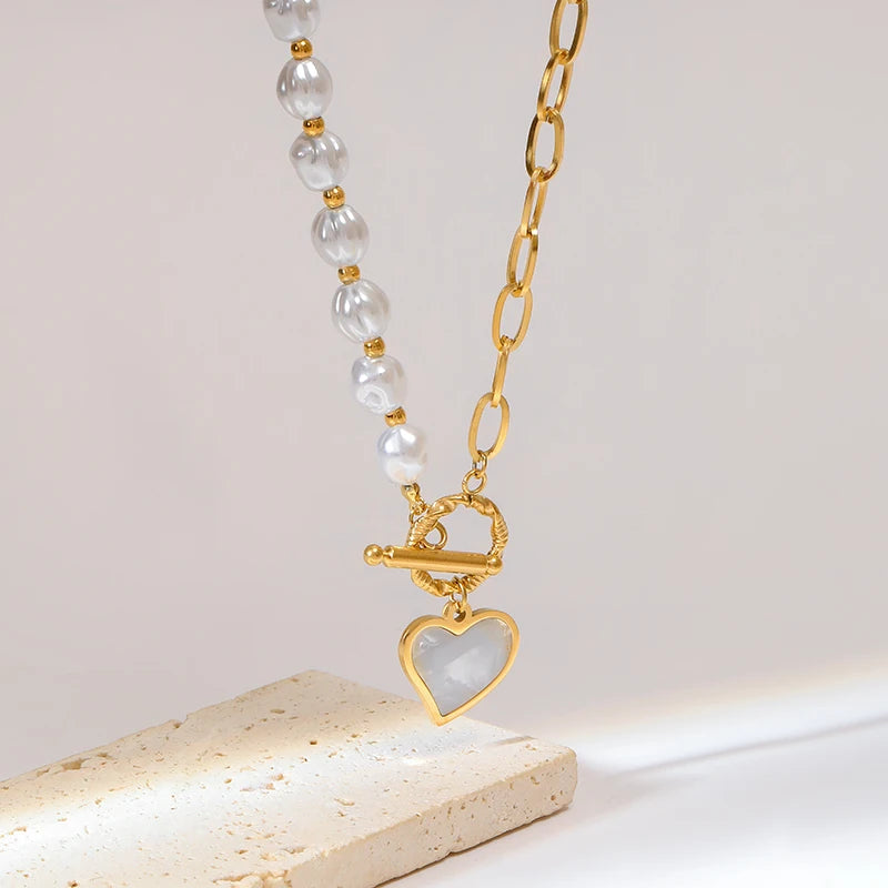Elegant Stainless Steel Pearl Heart Pendant Chain Necklace for Women