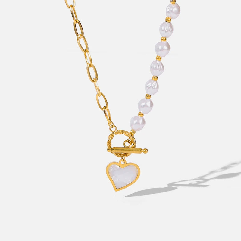 Elegant Stainless Steel Pearl Heart Pendant Chain Necklace for Women