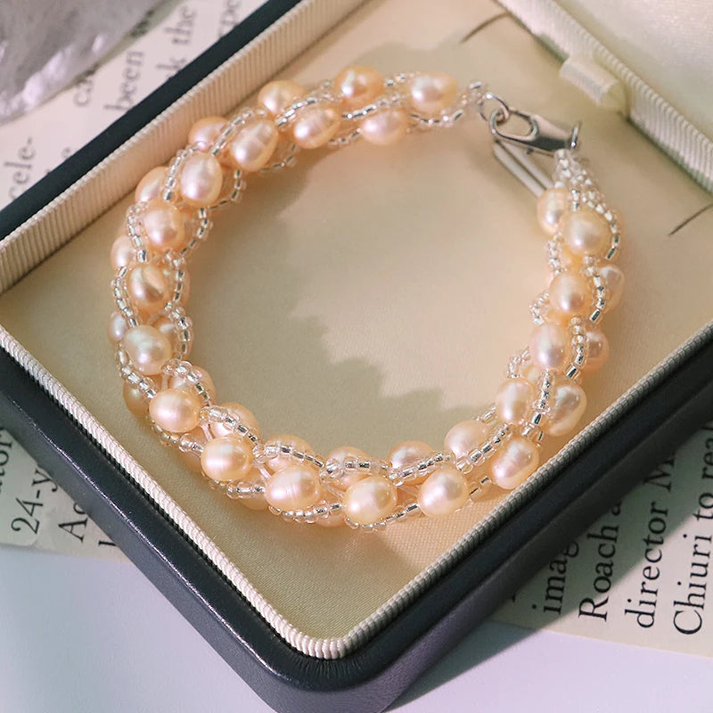 Elegant Triple Strand Pink Freshwater Pearl Bracelet