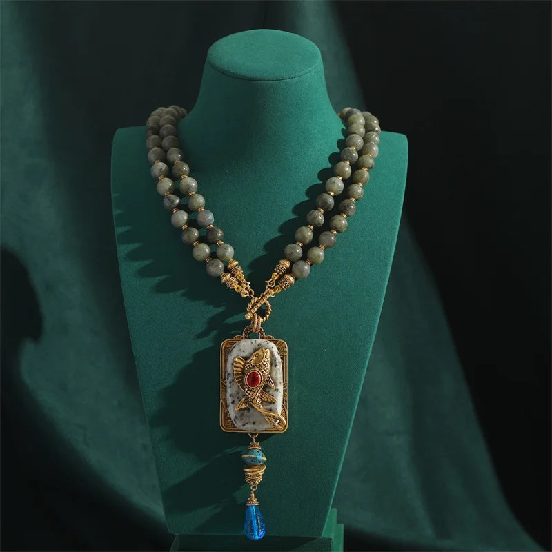 Emerald Green Fish Pendant Necklace with Blue Glass Bead Chain