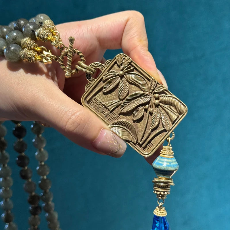 Emerald Green Fish Pendant Necklace with Blue Glass Bead Chain