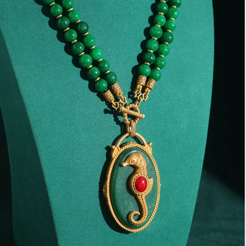Emerald Seahorse Pendant Blue Beaded Necklace – Vintage Korean Jewelry