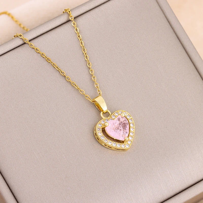 Flower Crystal Heart Necklace – Women’s Stainless Steel Jewelry