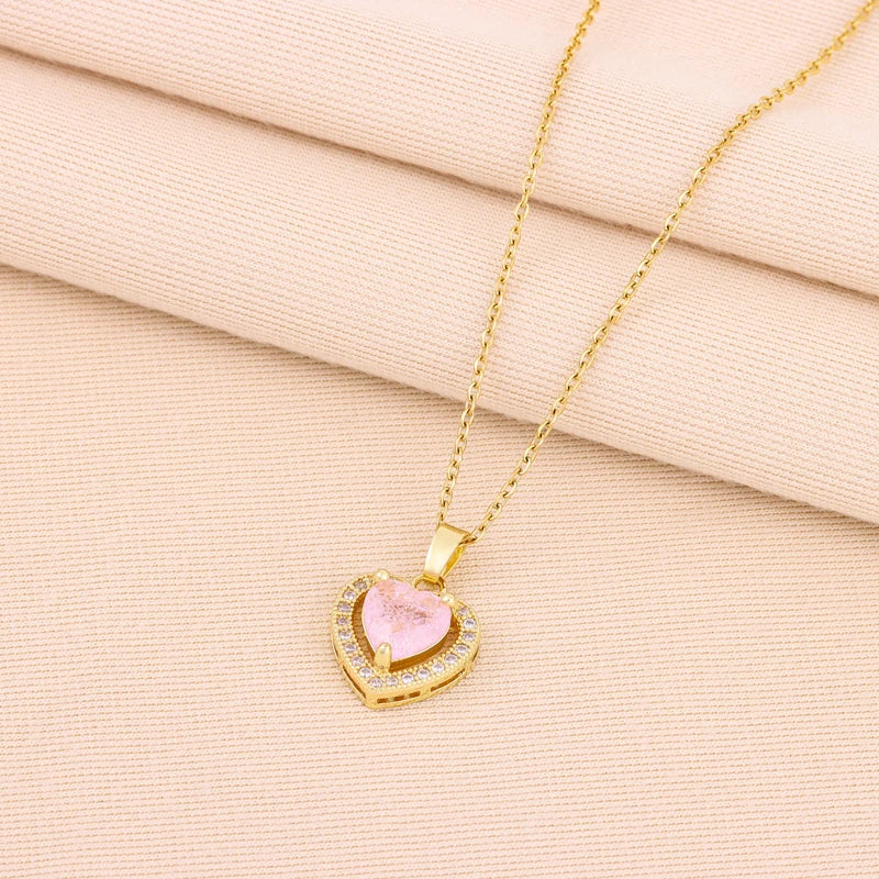 Flower Crystal Heart Necklace – Women’s Stainless Steel Jewelry