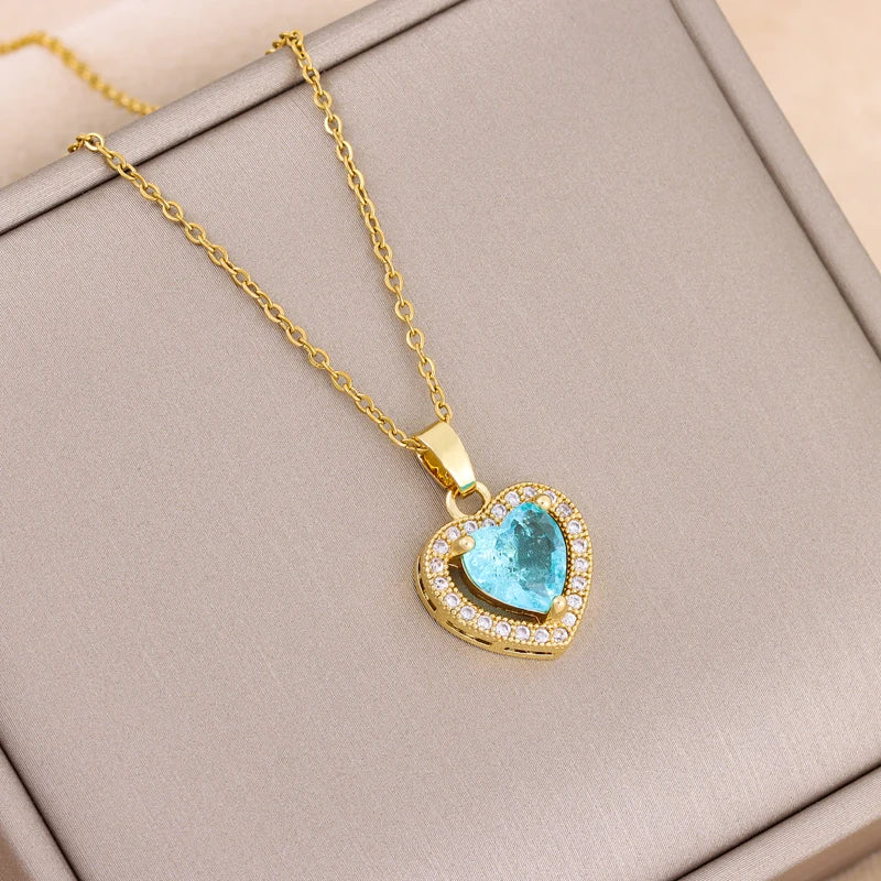 Flower Crystal Heart Necklace – Women’s Stainless Steel Jewelry
