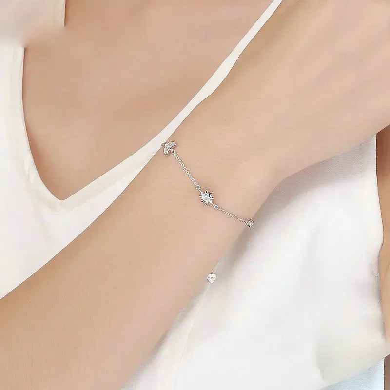 Genuine 925 Sterling Silver Star & Moon CZ Bracelet for Women