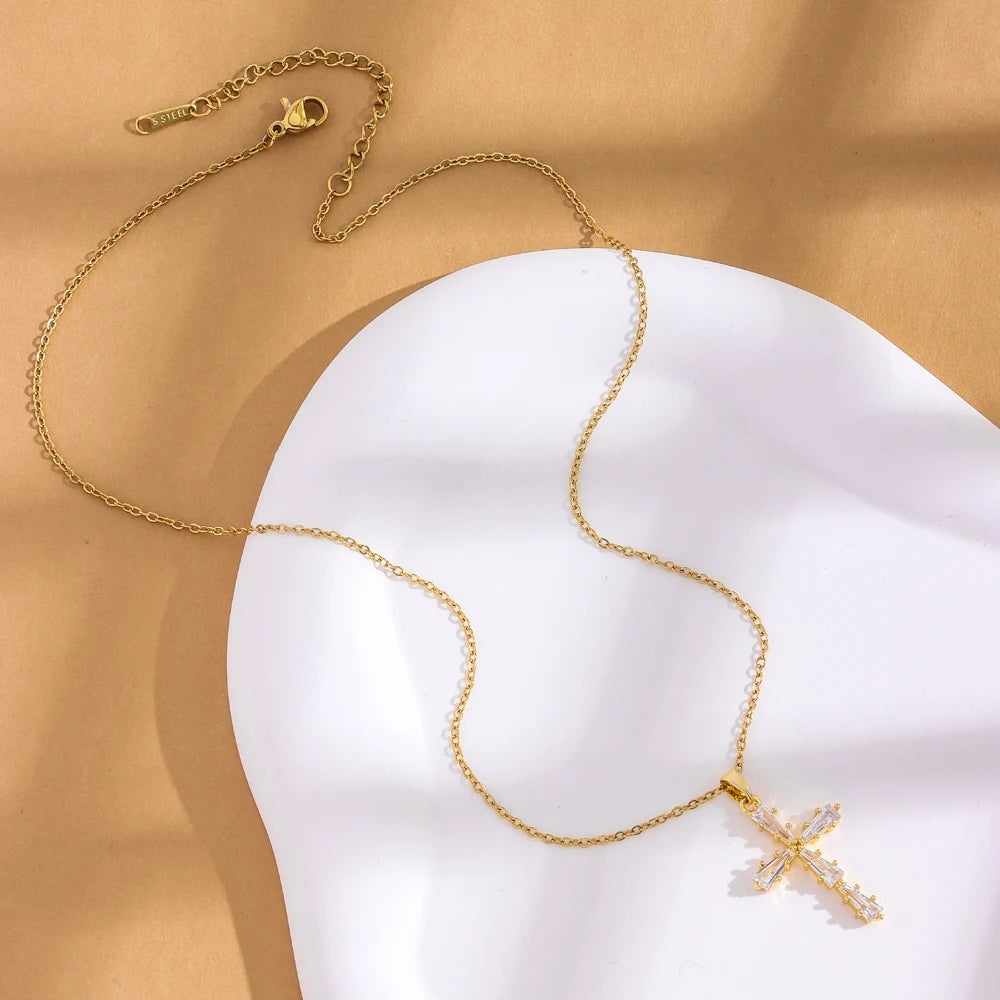 Gold-Plated Zircon Cross Pendant Necklace for Women
