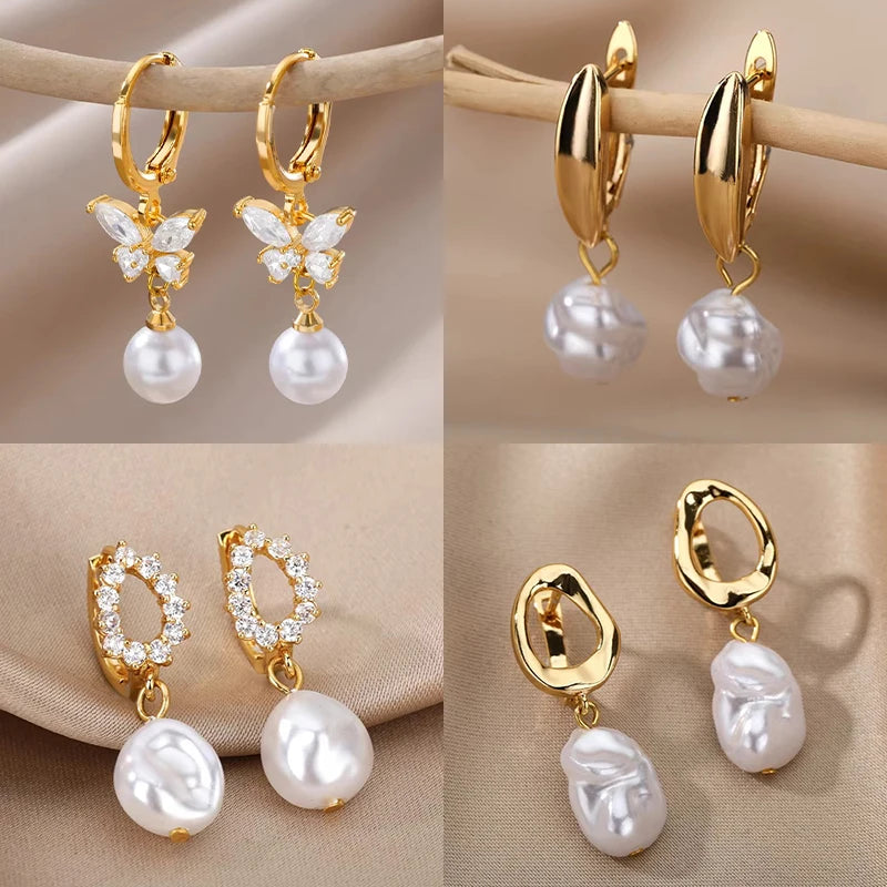 Gold Butterfly Pearl Zircon Earrings for Women – Luxury Jewelry Gift