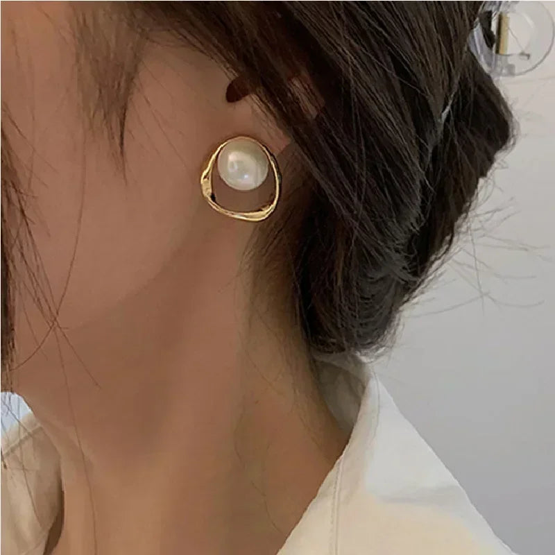 Gold Imitation Pearl Stud Earrings – Korean Irregular Design