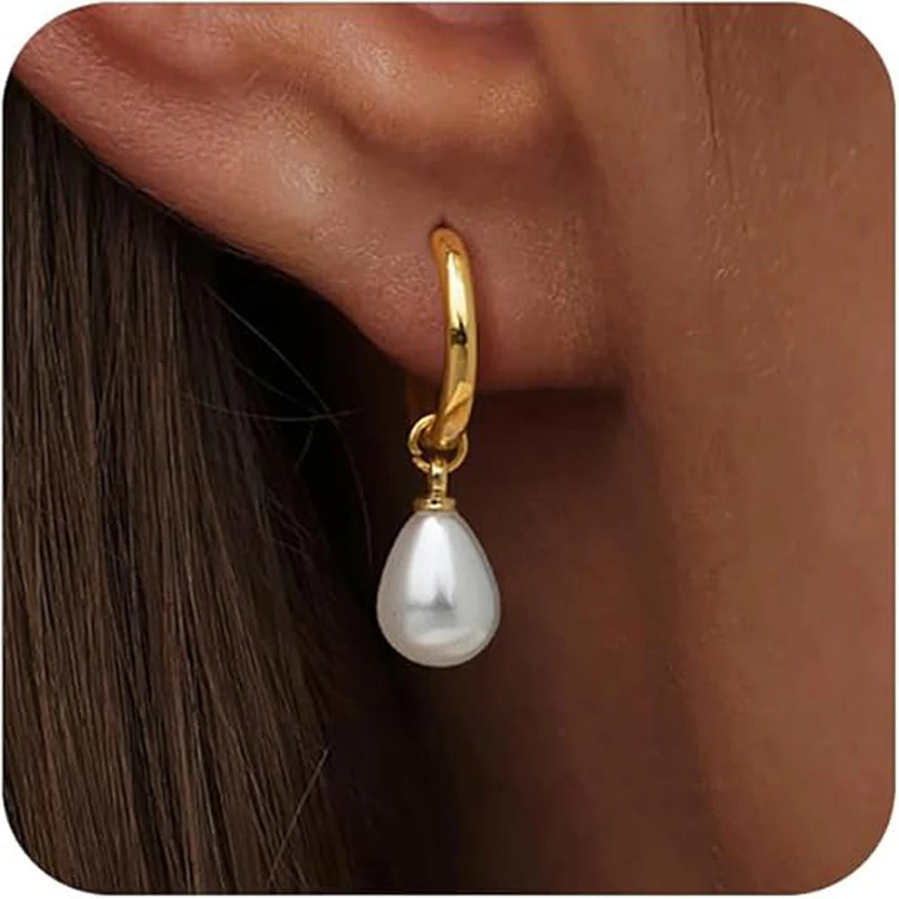 Gold Plated Pearl Dangle Huggie Hoop Earrings for Women