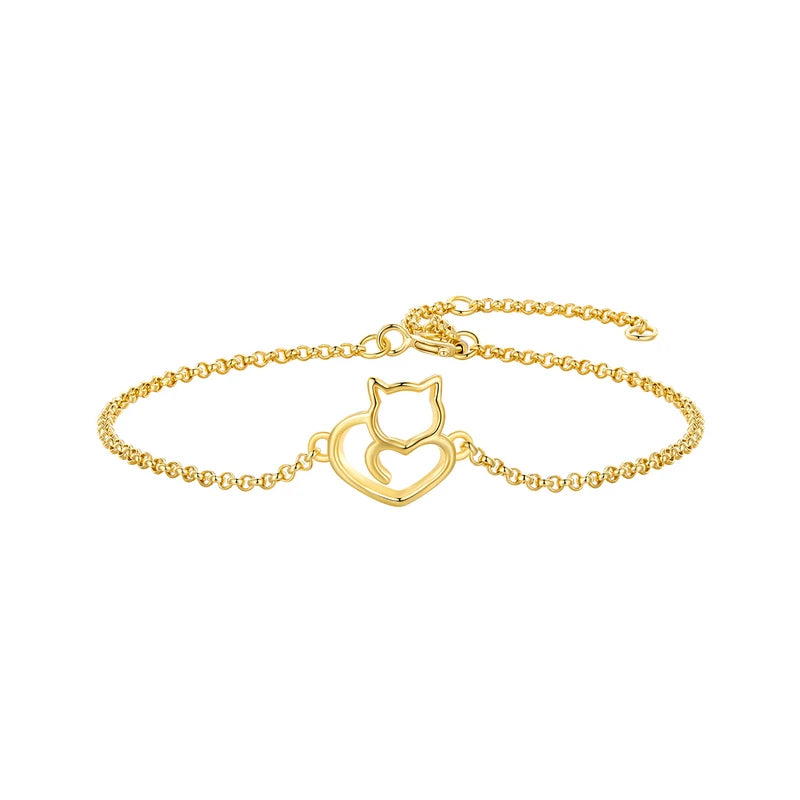 Gold Plated Sterling Silver Cat Charm Bracelet for Women