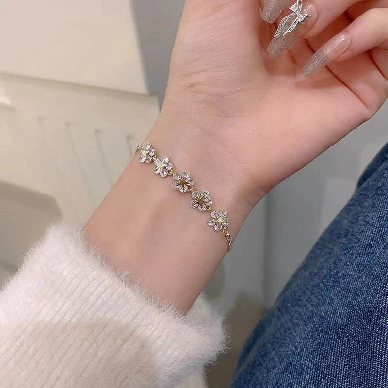 Gold Rhinestone Star & Flower Charm Bracelet – Adjustable Bangle