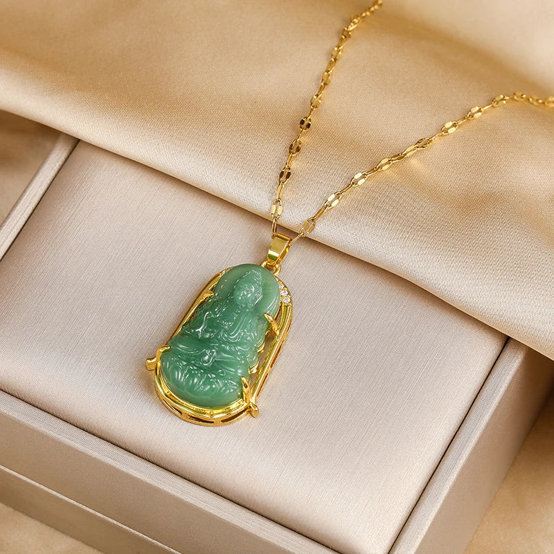 Green Guanyin Pendant Necklace – Vintage Stainless Steel Jewelry