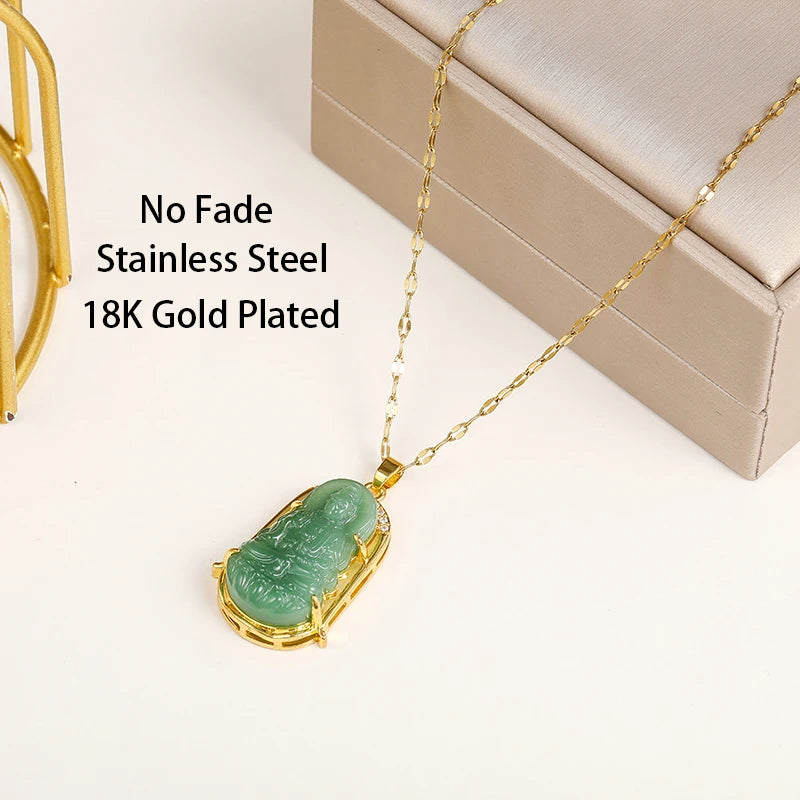 Green Guanyin Pendant Necklace – Vintage Stainless Steel Jewelry