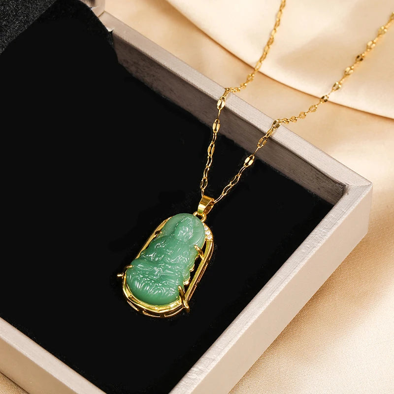 Green Guanyin Pendant Necklace – Vintage Stainless Steel Jewelry