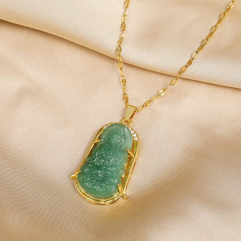 Green Guanyin Pendant Necklace – Vintage Stainless Steel Jewelry