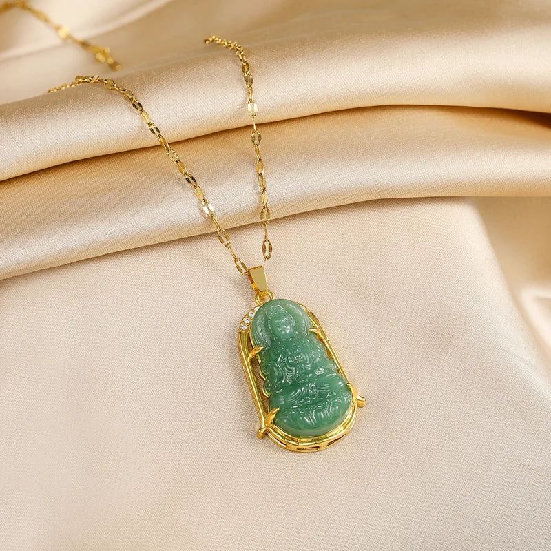 Green Guanyin Pendant Necklace – Vintage Stainless Steel Jewelry