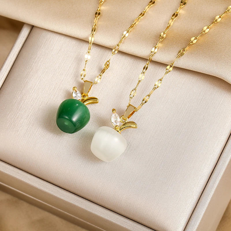 Green White Apple Pendant Necklace – Women’s Stainless Steel