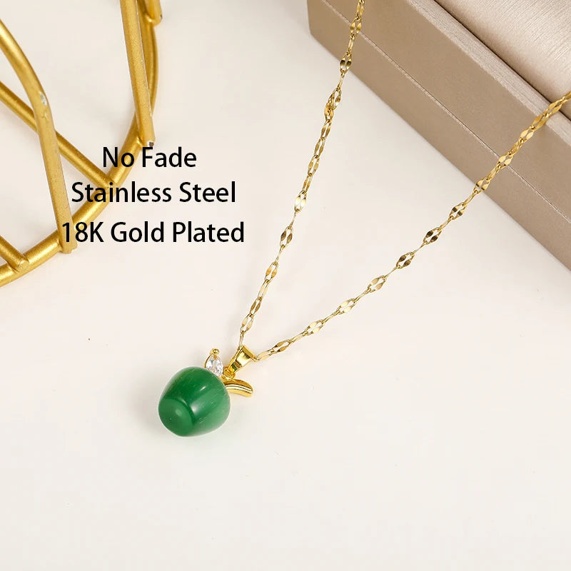 Green White Apple Pendant Necklace – Women’s Stainless Steel