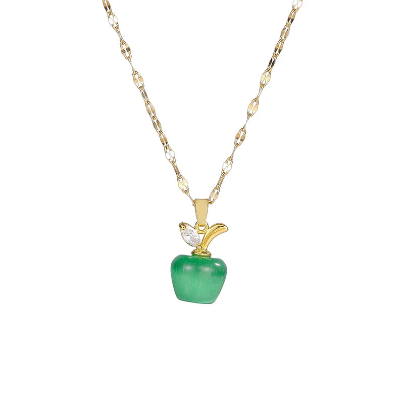 Green White Apple Pendant Necklace – Women’s Stainless Steel