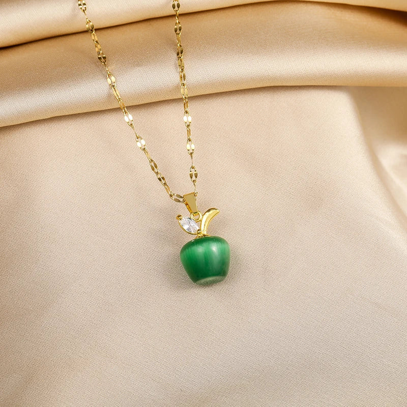 Green White Apple Pendant Necklace – Women’s Stainless Steel
