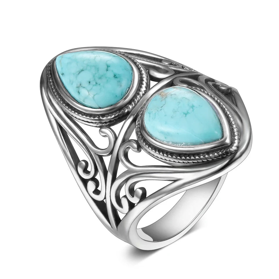 Vintage Natural Turquoise Bohemian Sterling Silver Ring for Women and Men