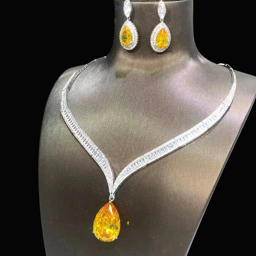 Luxury Yellow and Silver Drop Pendant Necklace Set for Women – 2 Sets