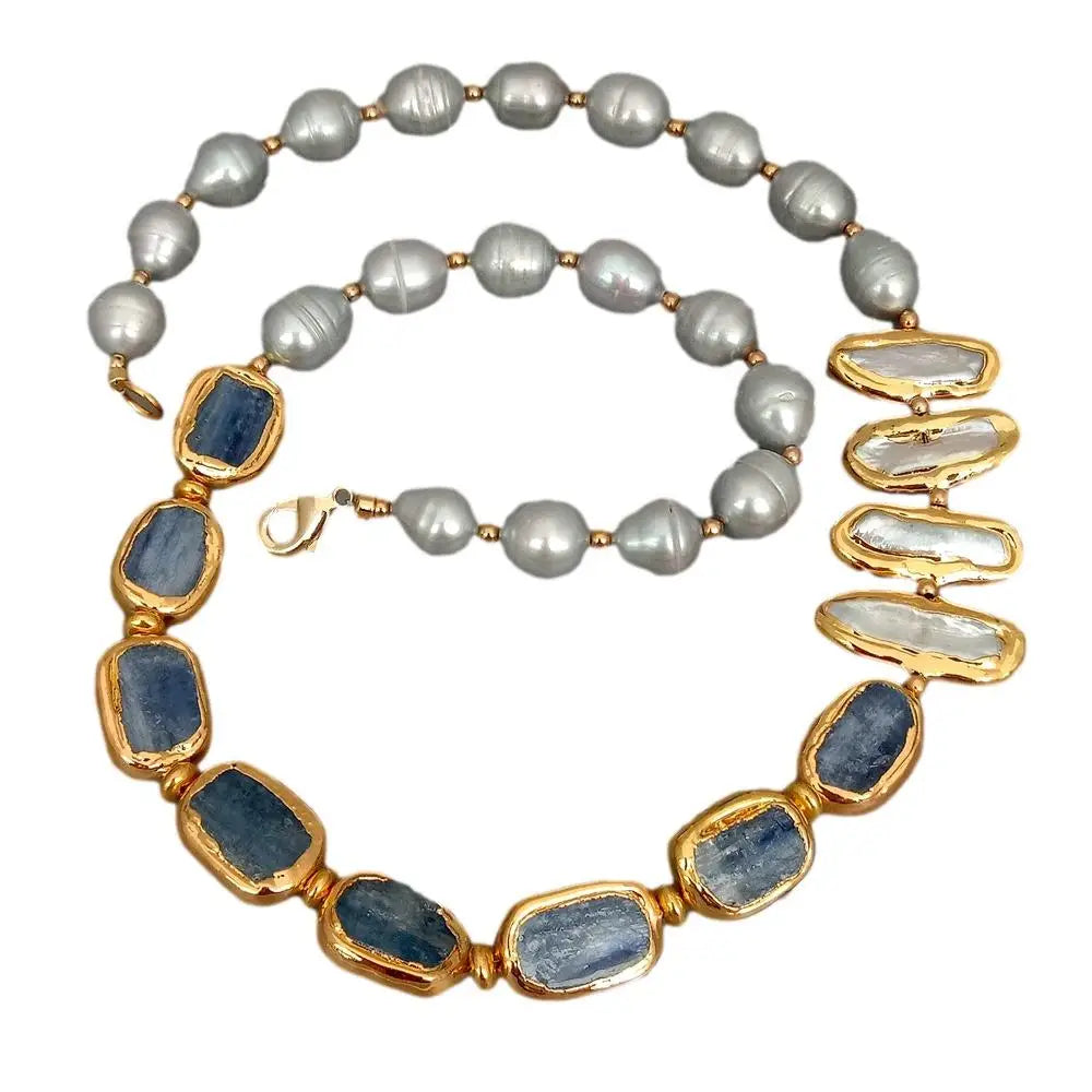 Gray Rice Pearl & Biwa Pearl Necklace with Blue Kyanite