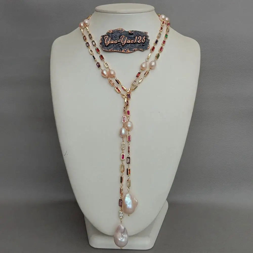 Pink Keshi Pearl CZ Pave Long Chain Necklace for Women