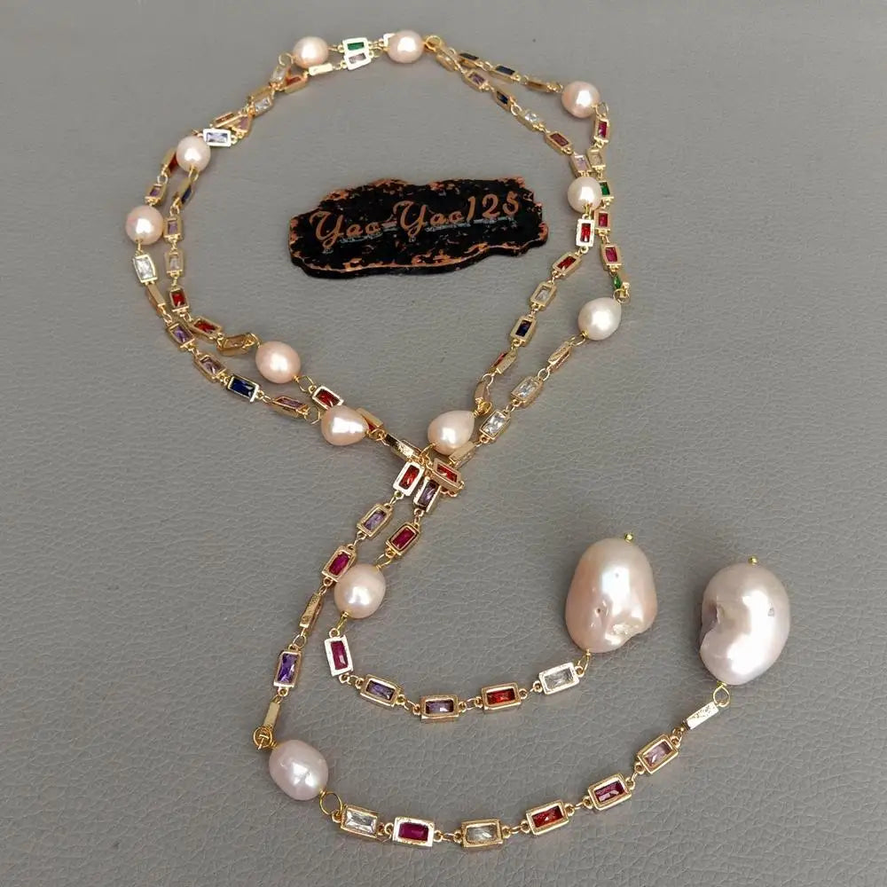 Pink Keshi Pearl CZ Pave Long Chain Necklace for Women